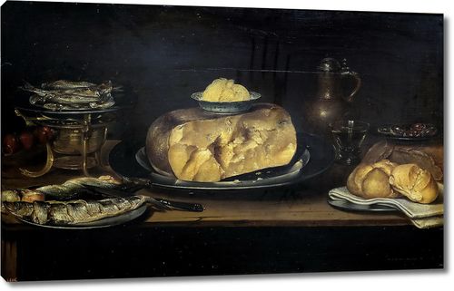 Натюрморт с сыром, колбасой, рыбой и хлебом