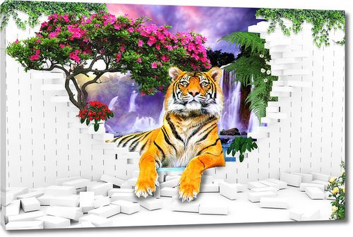 Тигр в проломе кирпичной стены на фоне водопада