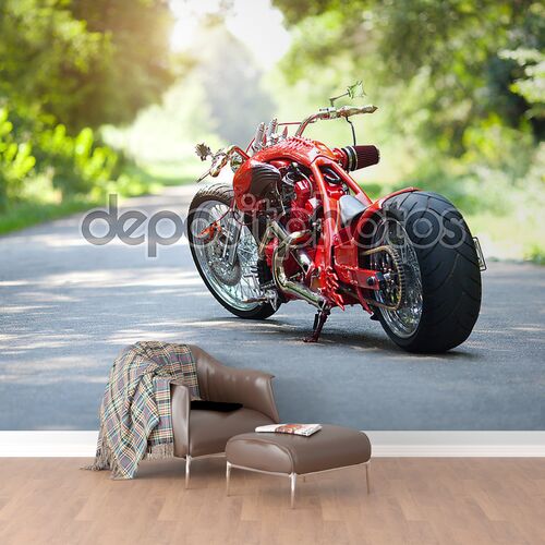 Красный мотоцикл стоит на дороге