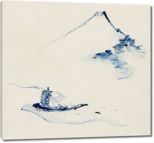 Человек в маленькой лодке на реке на фоне горы Фудзи