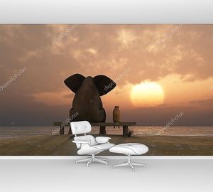 Слон и собака сидят на пляже