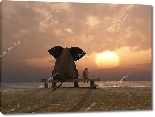 Слон и собака сидят на пляже