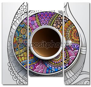 Чашка кофе на разноцветном блюдце