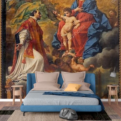 Болонья, Италия - 15 марта 2014: Мадонна в славе с ул. Игнас, ангелы и святые по г. Creti (1736) в DOM - Saint Peters церковь в стиле барокко.
