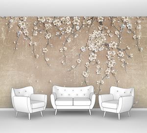 Цветущие ветки сакуры свисающие по стене
