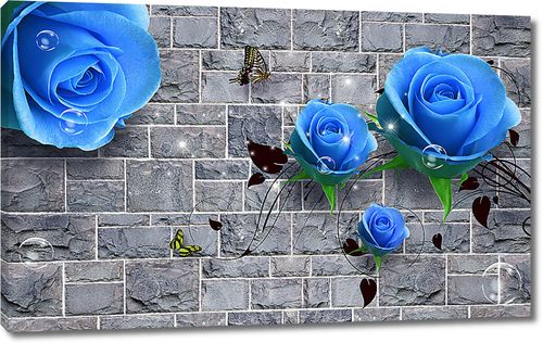 Каменная стена с синими розами