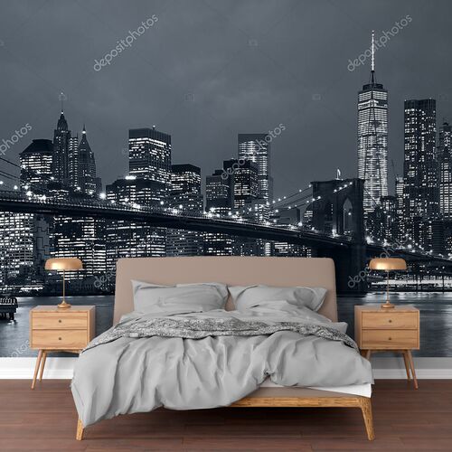 Панорама Нью-Йорк ночью, Бруклинский мост и небоскребы