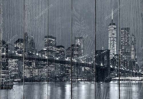 Панорама Нью-Йорк ночью, Бруклинский мост и небоскребы