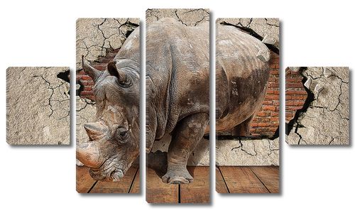 Носорог из пролома в стене с трещинами