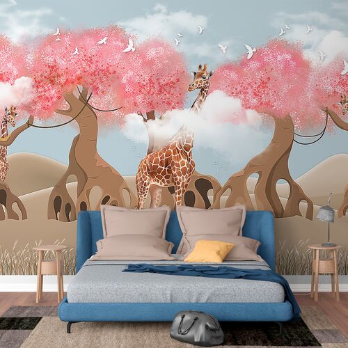 Жираф с розовыми деревьями