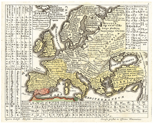 Многоязычная карта Европы, показывающая генеалогию языков, алфавитов и способов письма. Готфрид Хензель, 1741