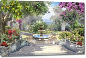 Невероятный сад с цветами и фонтаном