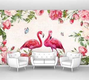 Розовые фламинго в розовых цветах