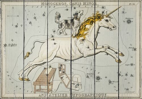 Астрономическая диаграмма Сидни Холла (1831 г.), изображающая Единорога и Малого Пса