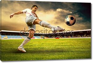 Happiness football player after goal on the field of stadium wit