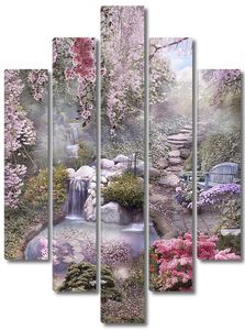 Вид на водопад в цветах