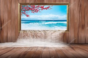Морская вода падает через окно в деревянной стене на деревянный пол