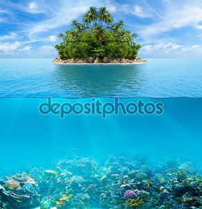 Дна и воды поверхности подводных коралловых рифов с тропической isl
