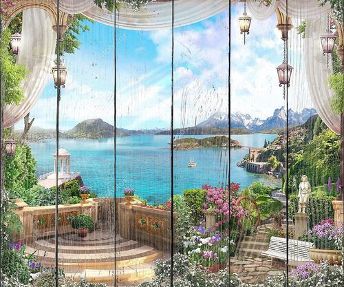 Вид с балкона с белыми шторами и фонарями и и красивым садом. Цифровая фреска. Обои.
