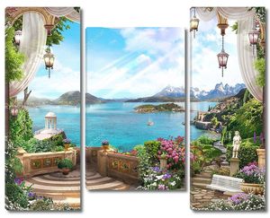 Вид с балкона с белыми шторами и фонарями и и красивым садом. Цифровая фреска. Обои.