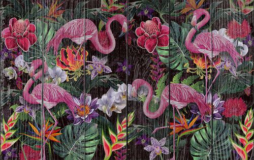 Диковинные фламинго с экзотическими цветами