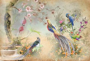 Экзотические птицы в цветущем саду с мандариновым деревом