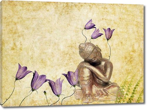 Прекрасная иллюстрация с изображением Будды и цветочных элементов с большим количеством места для текста
