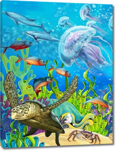Коралловый риф с черепахой и медузами