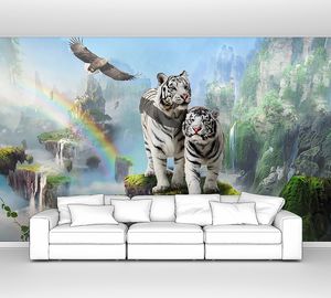 Два белых тигра на фоне радуги и водопадов
