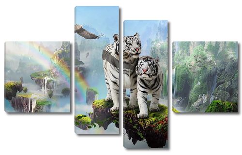 Два белых тигра на фоне радуги и водопадов