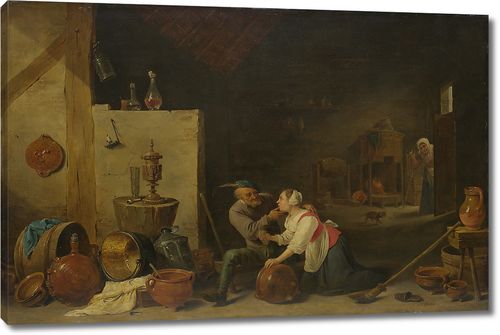 Старый крестьянин и кухарка в сарае