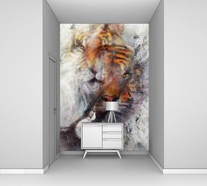 Тигр с орлом и декоративных мандалы. Дикие животные на фоне живописи, контакт глаз