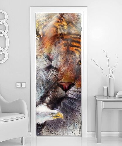 Тигр с орлом и декоративных мандалы. Дикие животные на фоне живописи, контакт глаз