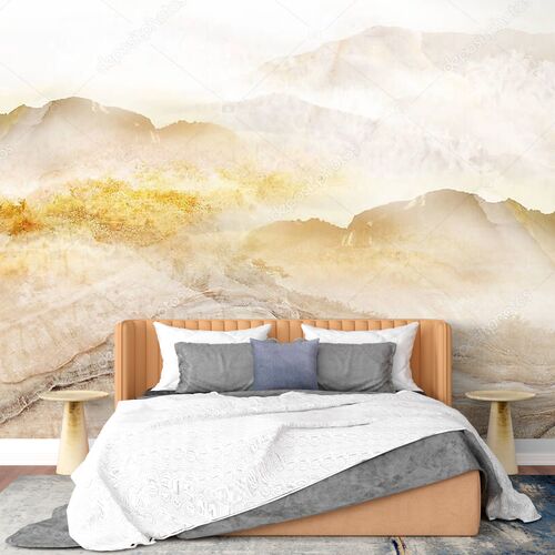 Абстрактная пейзажная иллюстрация, бежевые мраморные горы в тумане