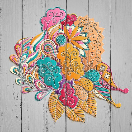 Mehndi 3d imitation design. Paisley, winding stem, spiral, lorus flower, wave, bud mehndi doodle. Colorful photorealistic design, tracery handmade. Curved lines, doodling design.