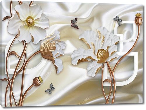 Шелковый фон, белые цветы на коричневых стеблях