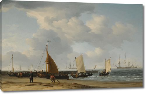 Сцена на голландском пляже с военным вдали