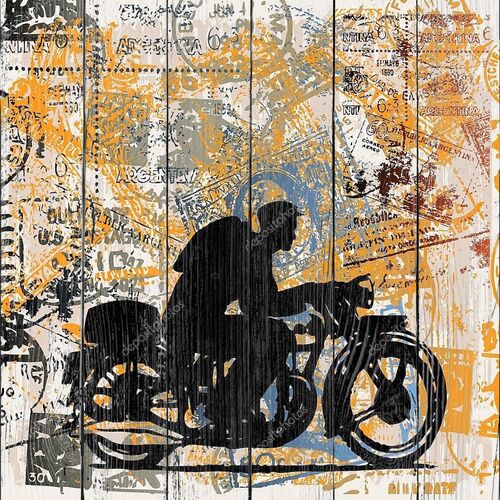 Силуэт мотоциклиста на фоне почтовых марок
