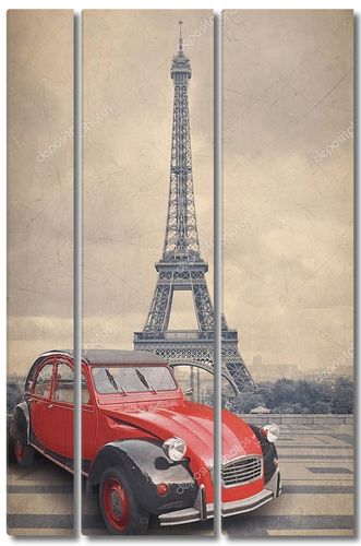 Эйфелева башня и красный автомобиль с стиле ретро