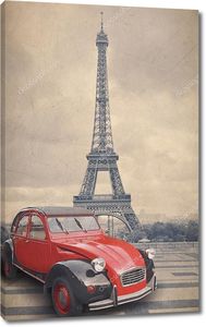 Эйфелева башня и красный автомобиль с стиле ретро
