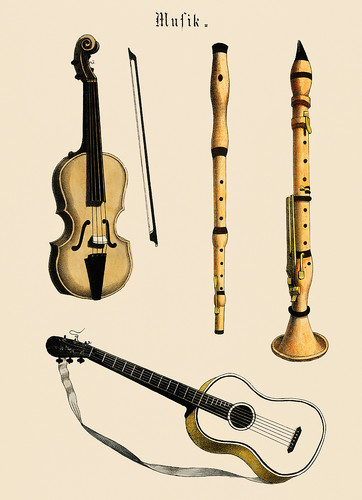 Старинная иллюстрация вариантов скрипки, классической гитары и флейты