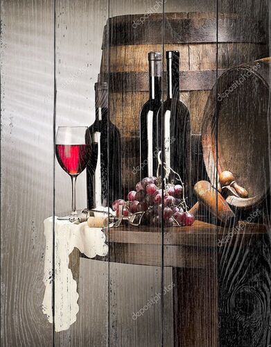 Натюрморт с бутылками с красным вином