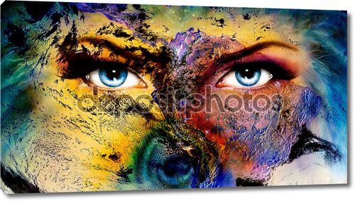 Планета Земля и синий человеческий глаз с фиолетовый и розовый день макияж. женщина глаз картина