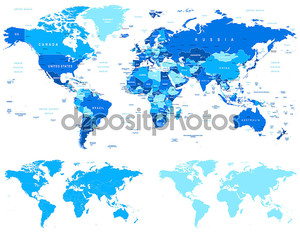 Blue World Map - borders, countries and cities - illustration