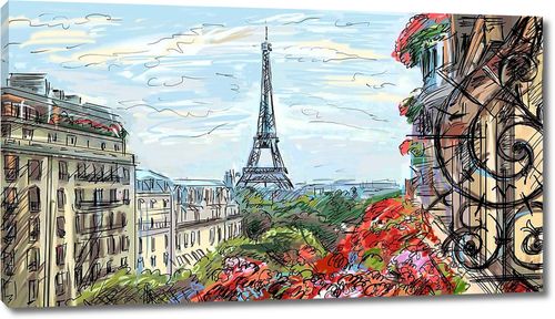 Рисунок прекрасного Парижа с балкона