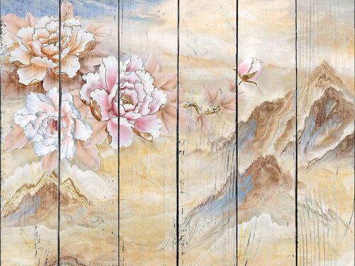 Мраморный фон, горы,  бежевые и розовые цветы