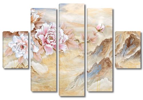 Мраморный фон, горы,  бежевые и розовые цветы