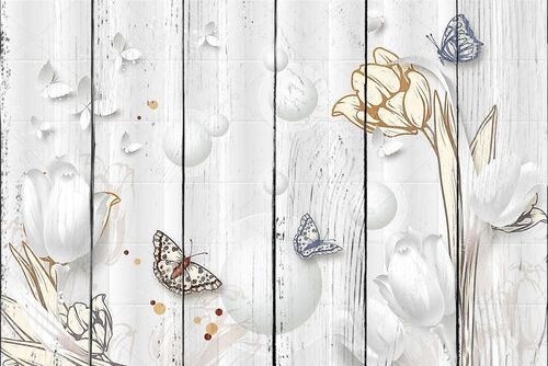 Белые бабочки  из бумаги , белые и бежевые тюльпаны