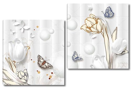 Белые бабочки  из бумаги , белые и бежевые тюльпаны