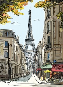 Рисунок улицы Парижа и Эйфелевой башни